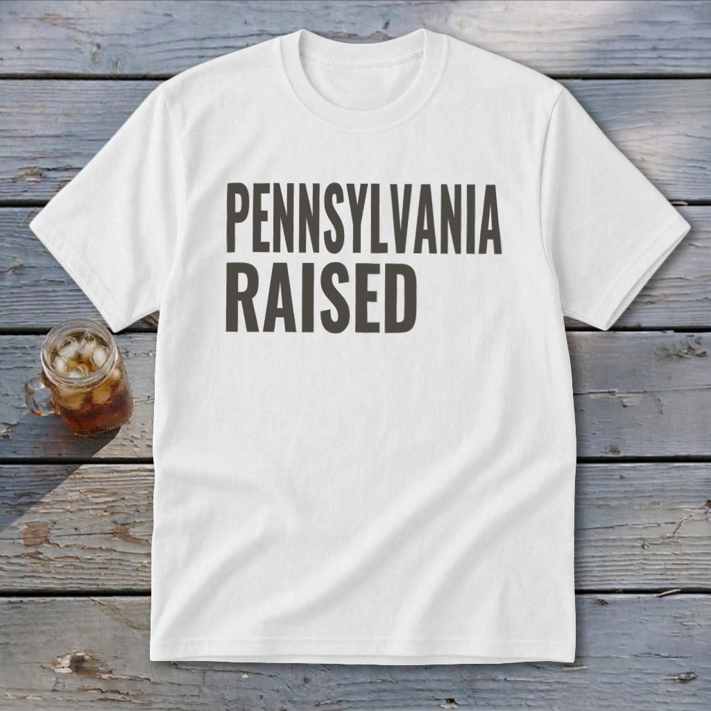 White t-shirt with "PENNSYLVANIA RAISED" printed in bold grey letters.