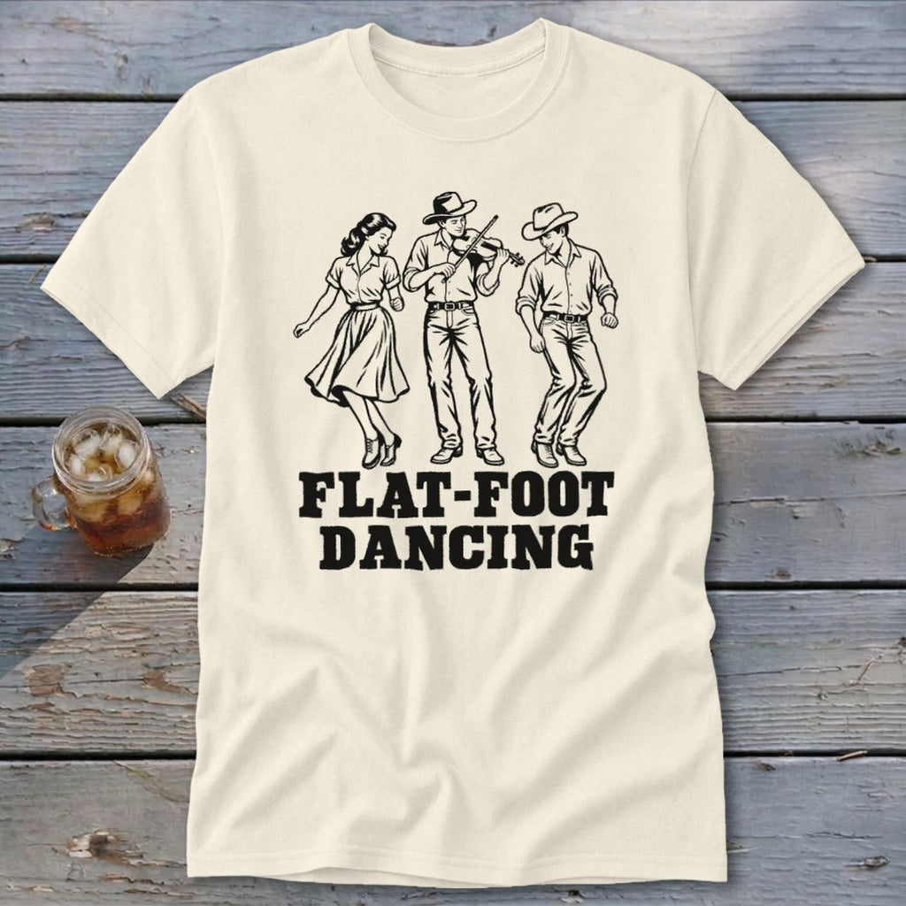 T-shirt with black illustration of people flat-foot dancing to a fiddle player.