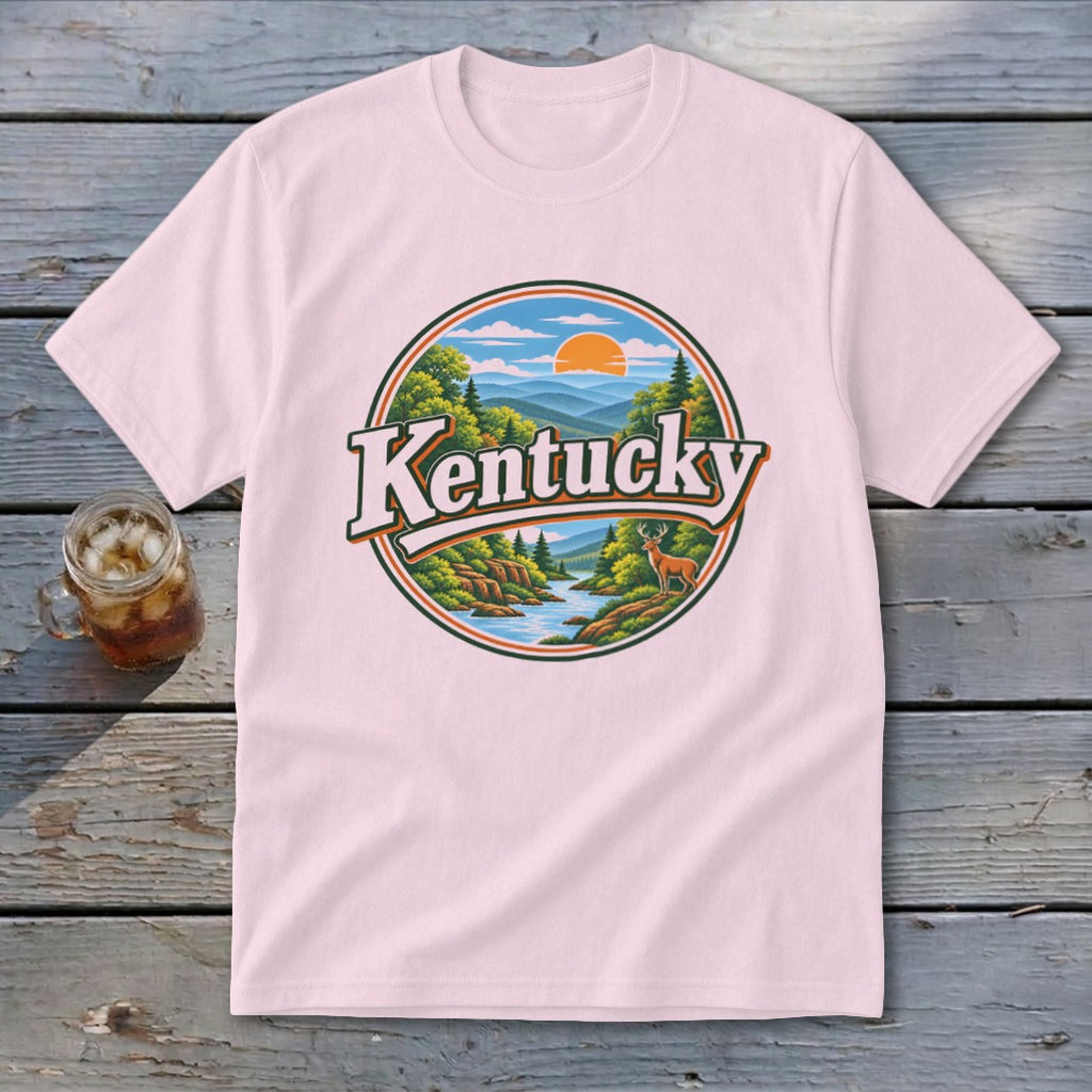 Pink t-shirt with circular "Kentucky" graphic featuring deer and landscape.