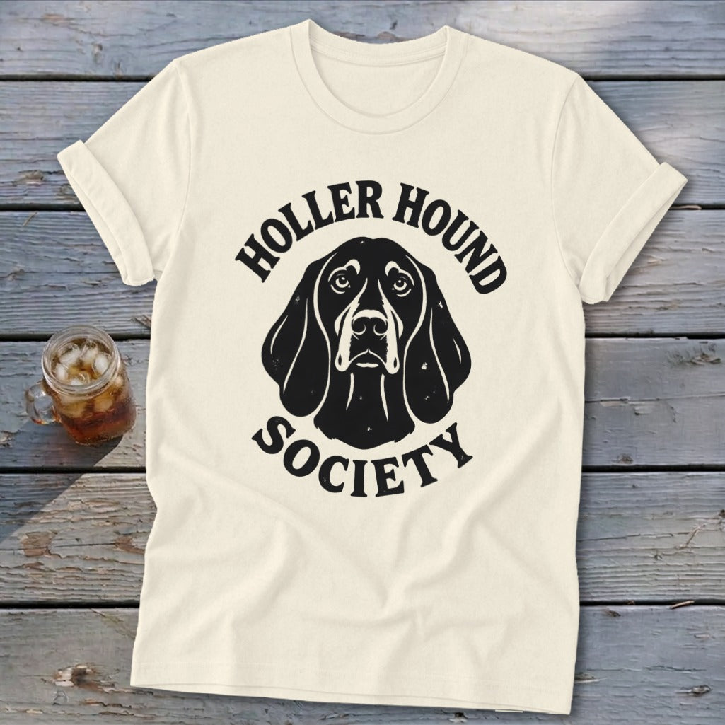 Cream t-shirt with black "Holler Hound Society" text and dog graphic.