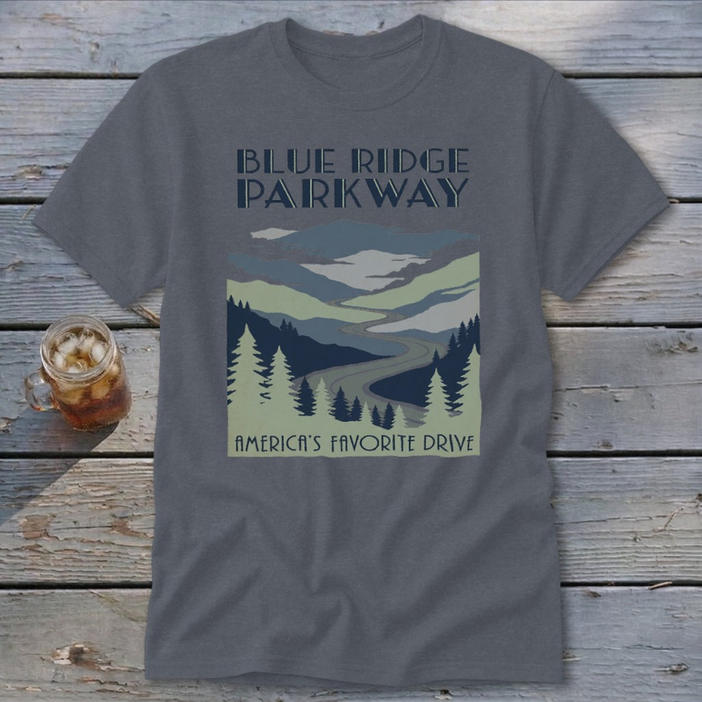 A dark gray t-shirt with a vintage-style graphic of the Blue Ridge Parkway, mountains, and pine trees.