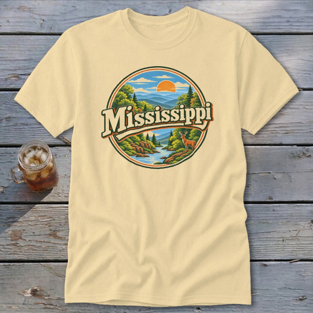 Yellow t-shirt with a circular graphic depicting a landscape with the word "Mississippi".