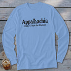 Light blue long-sleeve shirt with "Appalachia Older Than the Rockies" text and mountain graphic.