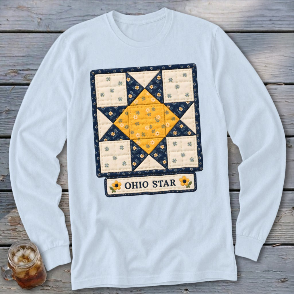 Light blue long sleeve shirt with a quilted Ohio Star design and text.