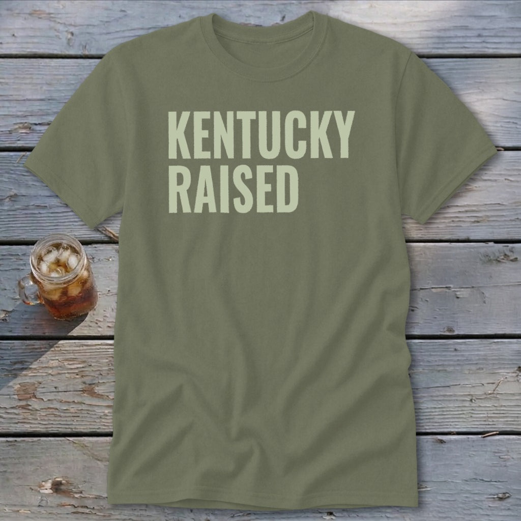 Olive green t-shirt with "Kentucky Raised" text.