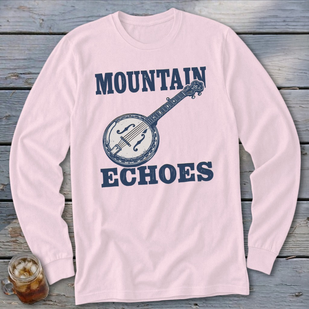 Light pink long-sleeve shirt with a dark blue graphic of a banjo and the text Mountain Echoes.