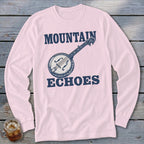 Light pink long-sleeve shirt with a dark blue graphic of a banjo and the text Mountain Echoes.