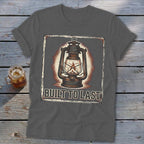 Dark gray t-shirt with vintage lantern graphic and text "BUILT TO LAST".