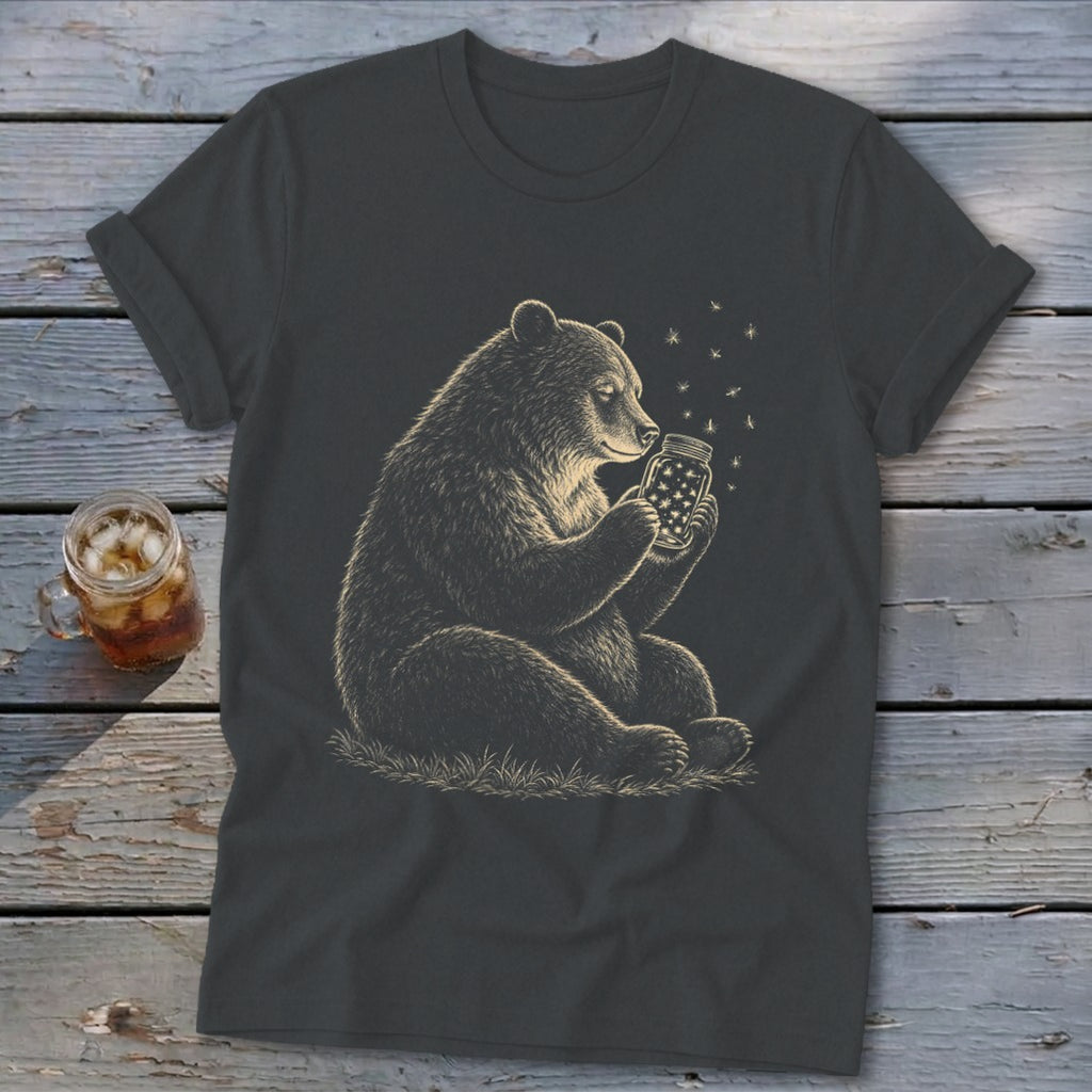 Bear sitting and holding a jar filled with stars and fireflies.