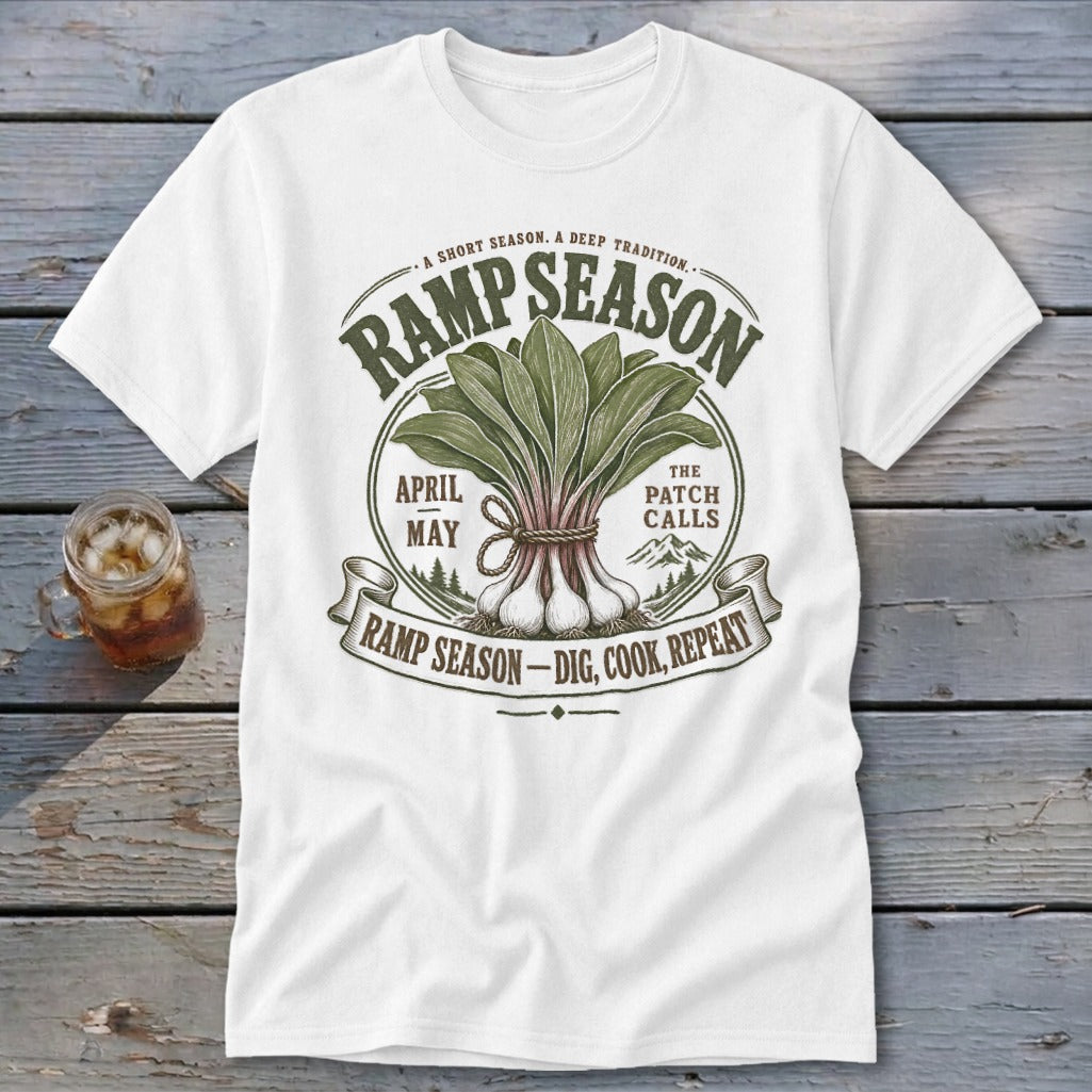 White t-shirt with "Ramp Season" graphic featuring a bunch of ramps and text.