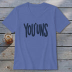 Periwinkle v-neck t-shirt with dark blue "YOU'UNS" text.