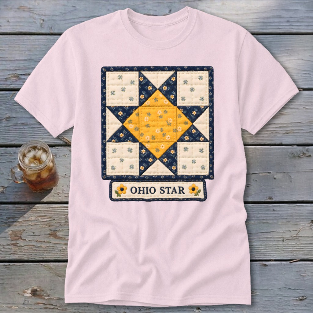 Pink t-shirt with an Ohio Star quilt design and "OHIO STAR" text.