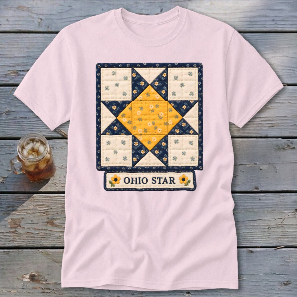 Pink t-shirt with an Ohio Star quilt design and "OHIO STAR" text.