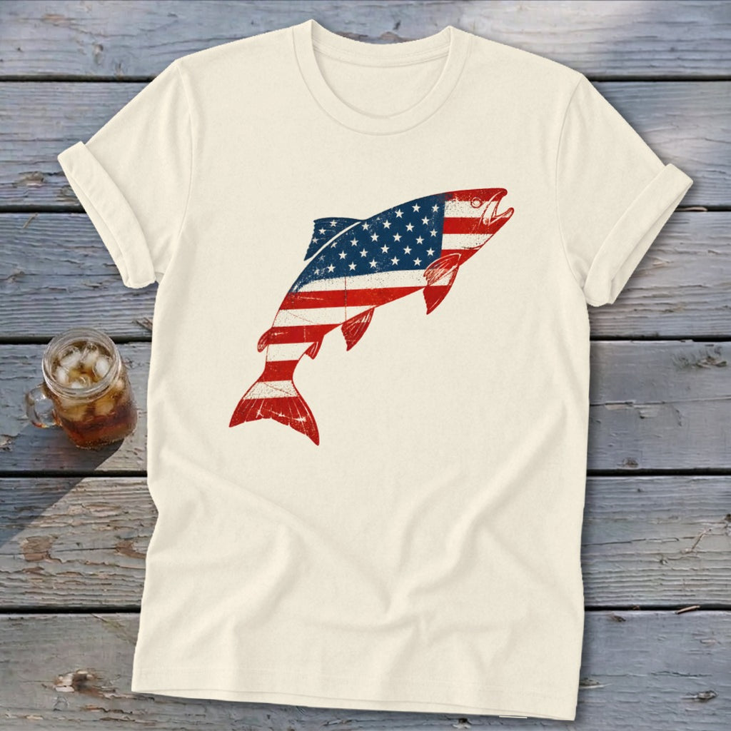 Cream crewneck t-shirt featuring a leaping fish graphic patterned with the American flag.