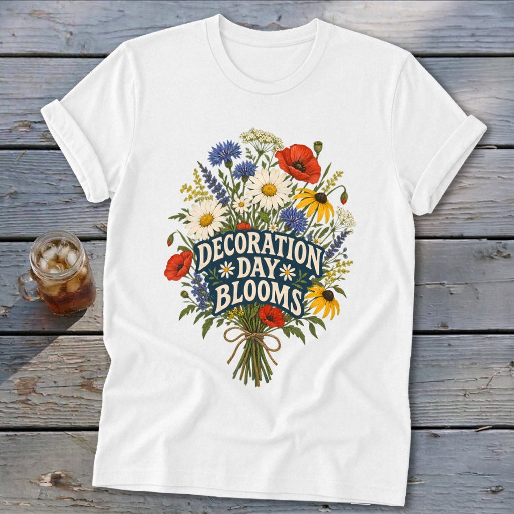 White t-shirt with a bouquet of flowers and "Decoration Day Blooms" text.
