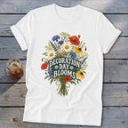 White t-shirt with a bouquet of flowers and "Decoration Day Blooms" text.