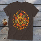 Brown t-shirt with a circular autumn leaf and acorn design.