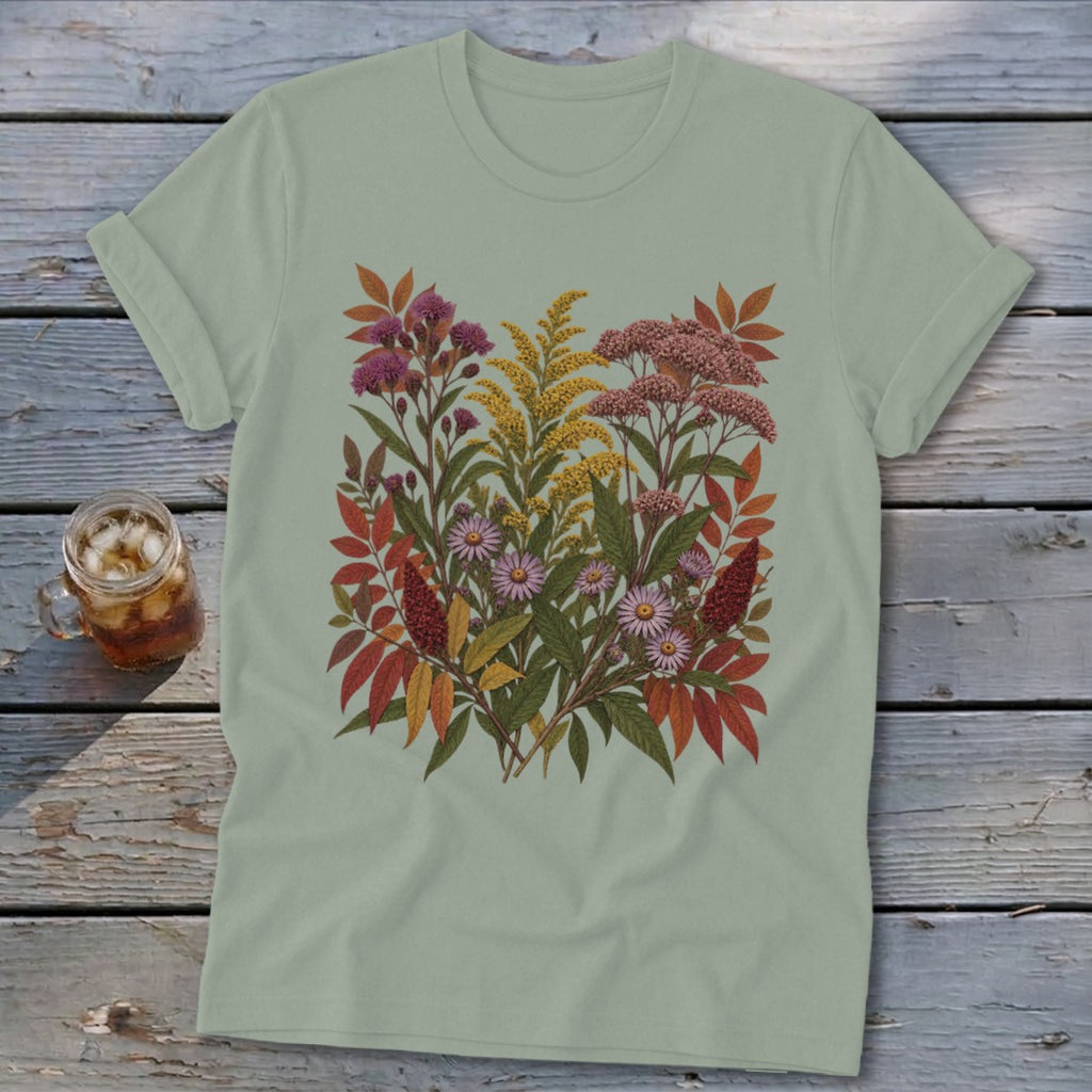 Light green t-shirt with a detailed floral illustration featuring purple, yellow, and pink wildflowers.