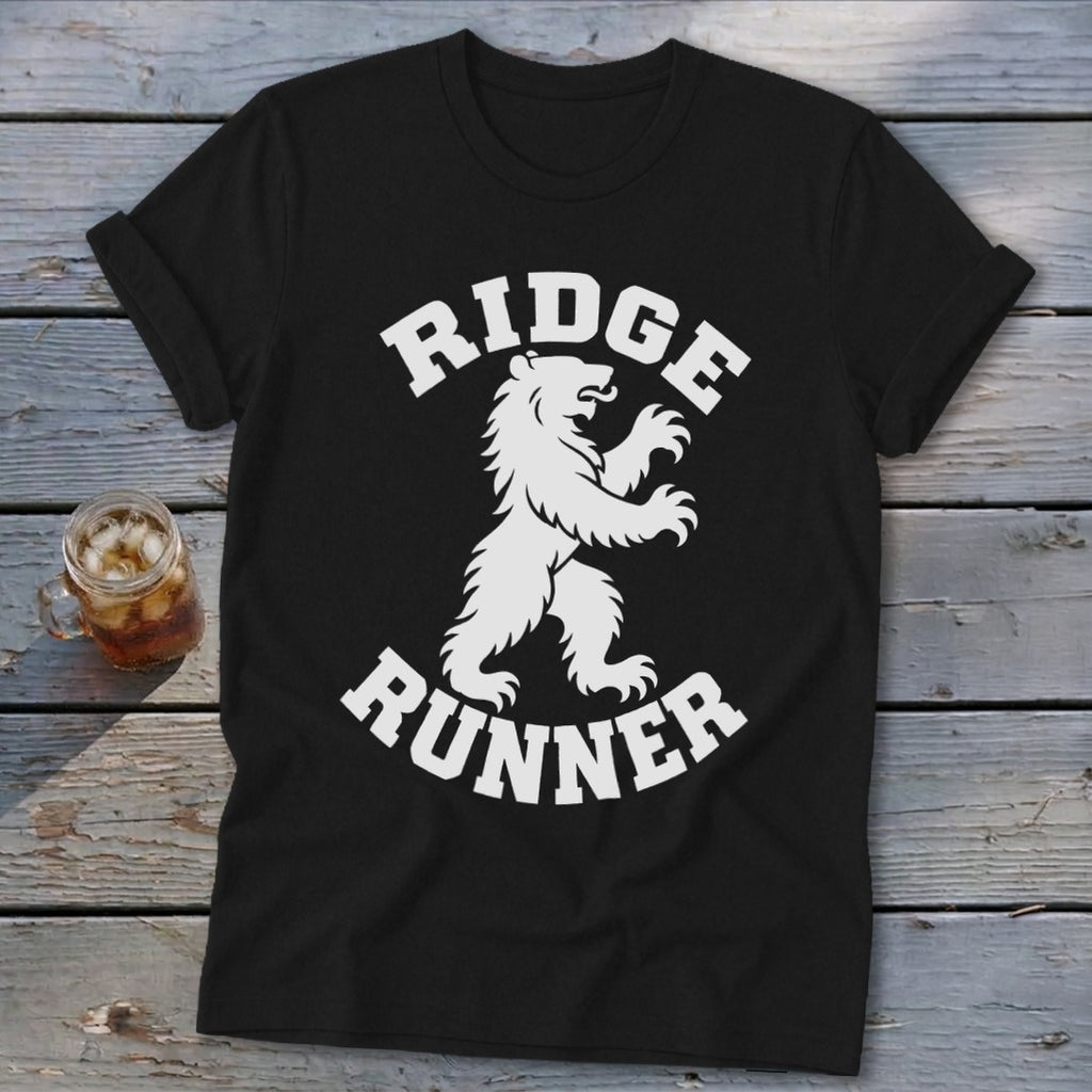 Black t-shirt with white "Ridge Runner" text and a bear graphic.