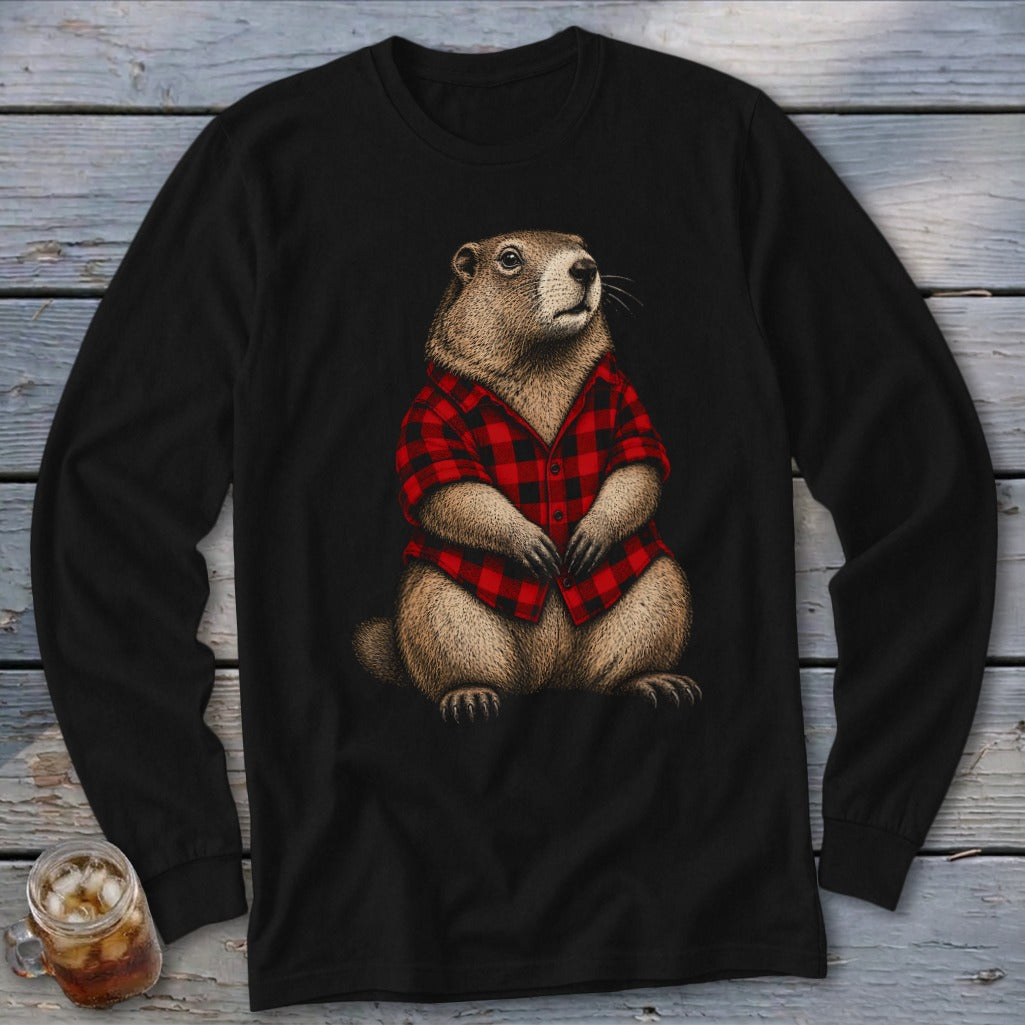 Groundhog wearing a red and black plaid shirt, printed on a black long-sleeve shirt.