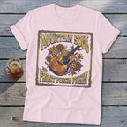Light pink t-shirt with "Mountain Soul and Front Porch Pickin'" text and guitar art.