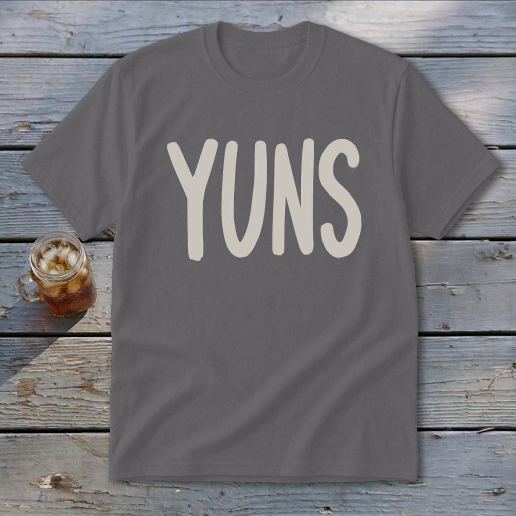 Grey t-shirt with the word "YUNS" in light beige text.