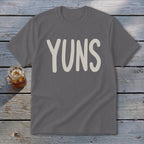 Grey t-shirt with the word "YUNS" in light beige text.