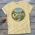 Yellow t-shirt with a circular graphic featuring the word "Ohio" and a scenic landscape.