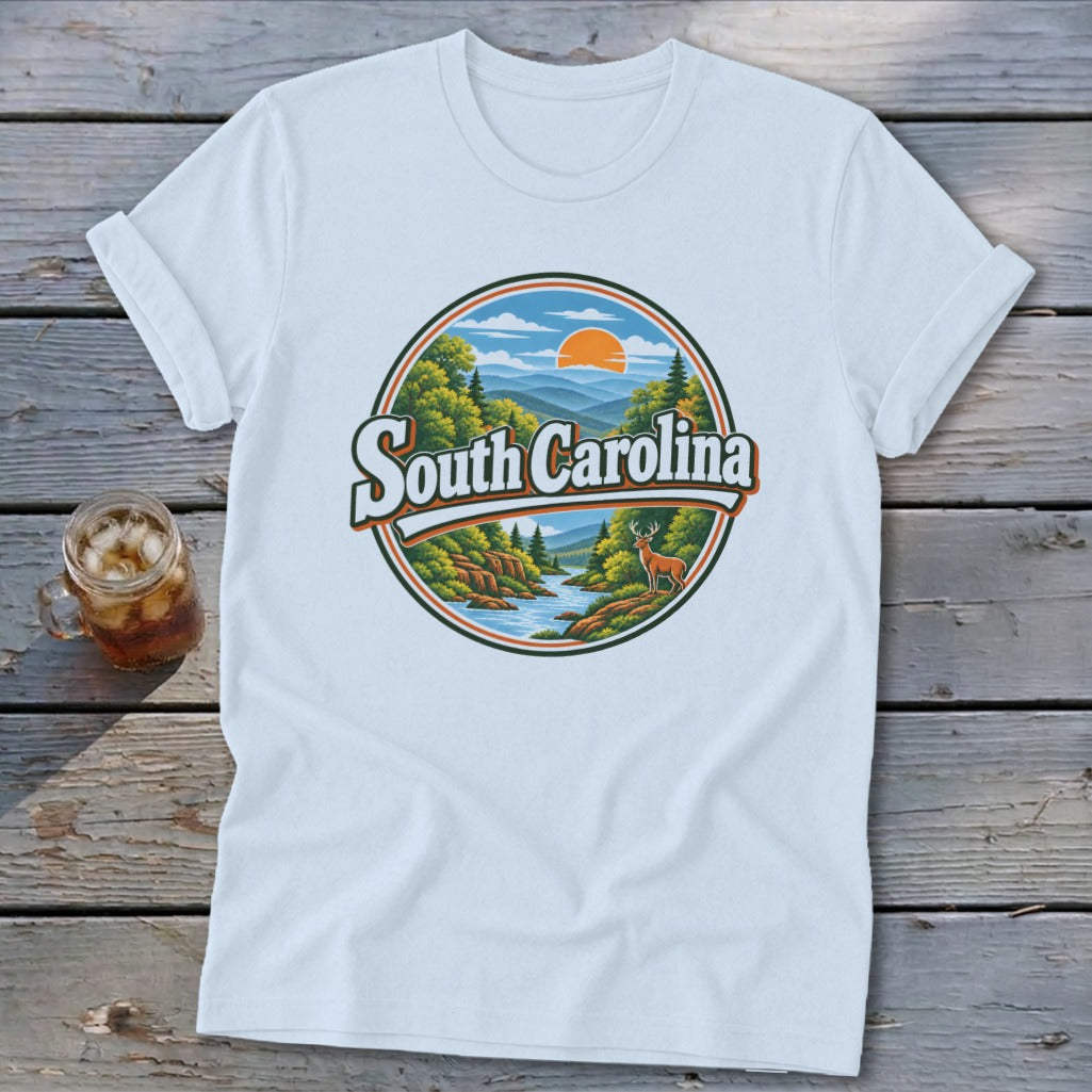 White t-shirt with circular South Carolina mountain scene and deer graphic.