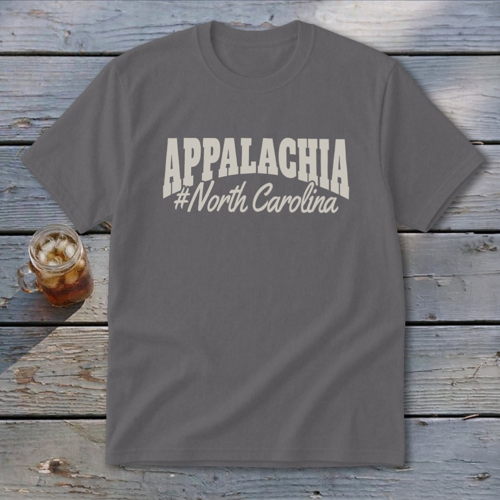 Grey t-shirt with "APPALACHIA #North Carolina" text in cream.