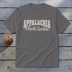Grey t-shirt with "APPALACHIA #North Carolina" text in cream.