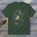 Bear sitting on stool playing banjo graphic on dark green t-shirt.