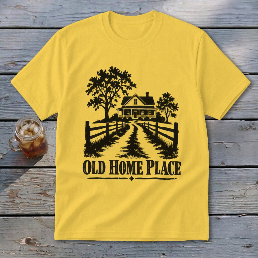 Yellow t-shirt with "OLD HOME PLACE" text and a silhouette of a house and trees.