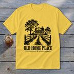 Yellow t-shirt with "OLD HOME PLACE" text and a silhouette of a house and trees.