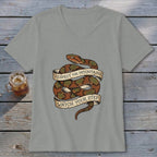 Gray t-shirt with a coiled snake design reading "Respect the Mountains Watch Your Step".