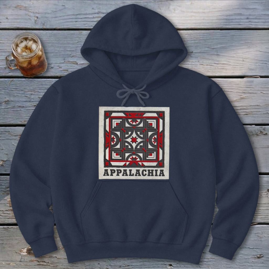 Dark blue hooded sweatshirt featuring a geometric red, black, and white design with the text Appalachia.