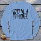 Light blue long-sleeve shirt with black text "APPALACHIA UNBROKEN"