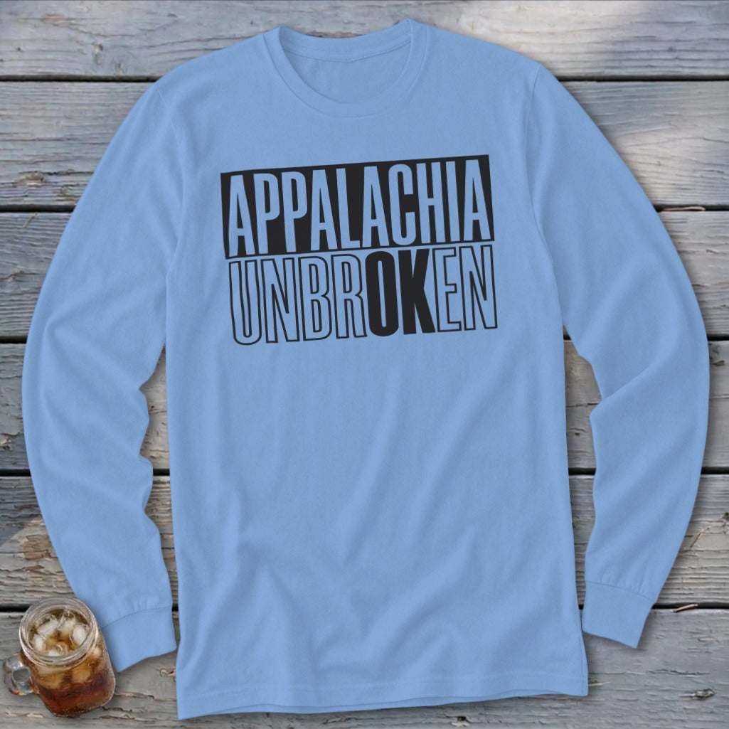 Light blue long-sleeve shirt with black text "APPALACHIA UNBROKEN"