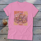 Pink t-shirt with a fox playing guitar and text "MOUNTAIN SOUL AND FRONT PORCH PICKIN'".