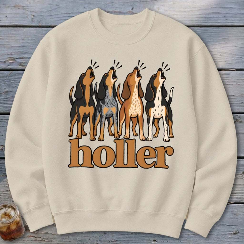 Four howling dogs with the word "holler" below them.