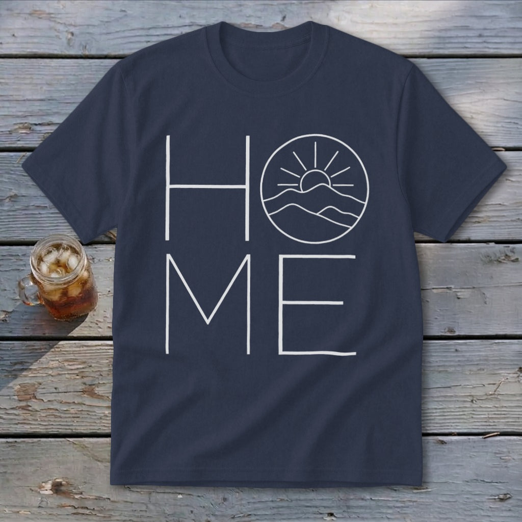 Dark blue short-sleeve t-shirt with a white graphic spelling HOME, featuring mountains and a sun inside the letter O.