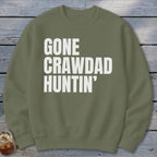 Green sweatshirt with "GONE CRAWDAD HUNTIN'" text in white.
