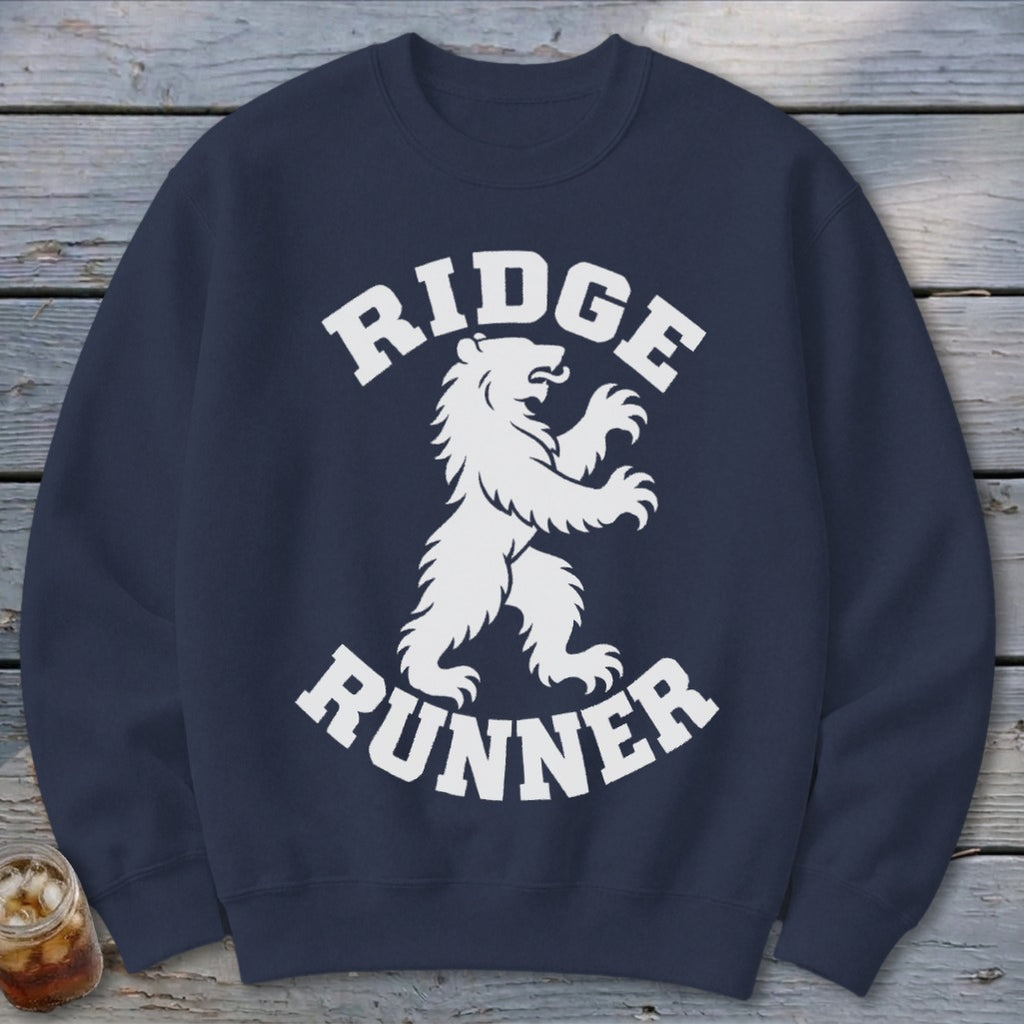 Navy sweatshirt with white "RIDGE RUNNER" text and a stylized white bear.