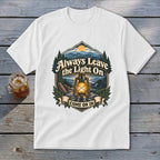 White t-shirt with "Always Leave the Light On Come On In" text and lantern design.