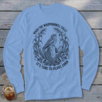 Light blue long-sleeve t-shirt with a vintage graphic of a bird, corn stalks, and text reading When The Whippoorwill Calls It's Time To Plant Corn.