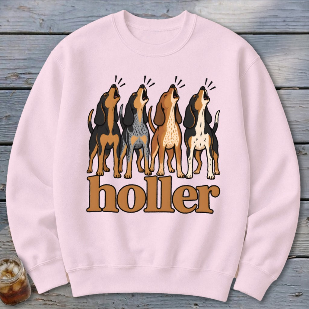 Pink sweatshirt with four howling hound dogs and the text "holler".