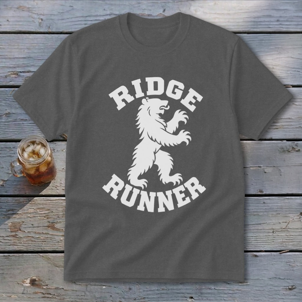 Dark gray t-shirt with white bear and "RIDGE RUNNER" text.
