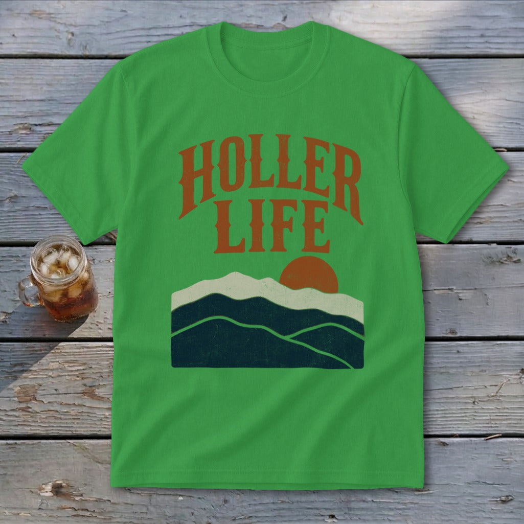 Bright green t-shirt featuring the text "HOLLER LIFE" above a retro mountain and sun graphic.
