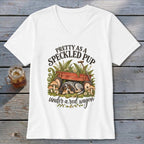 T-shirt graphic: Speckled pup sleeping under a red wagon with text Pretty as a Speckled Pup.