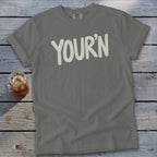 Gray t-shirt with "YOUR'N" text in off-white block letters.